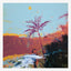 Original tropical beach painting, wine red palm and burnt orange shore with flicked paint sky