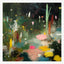 Original autumn garden painting, scribbled flowers and a pink lit pond under closing dark green