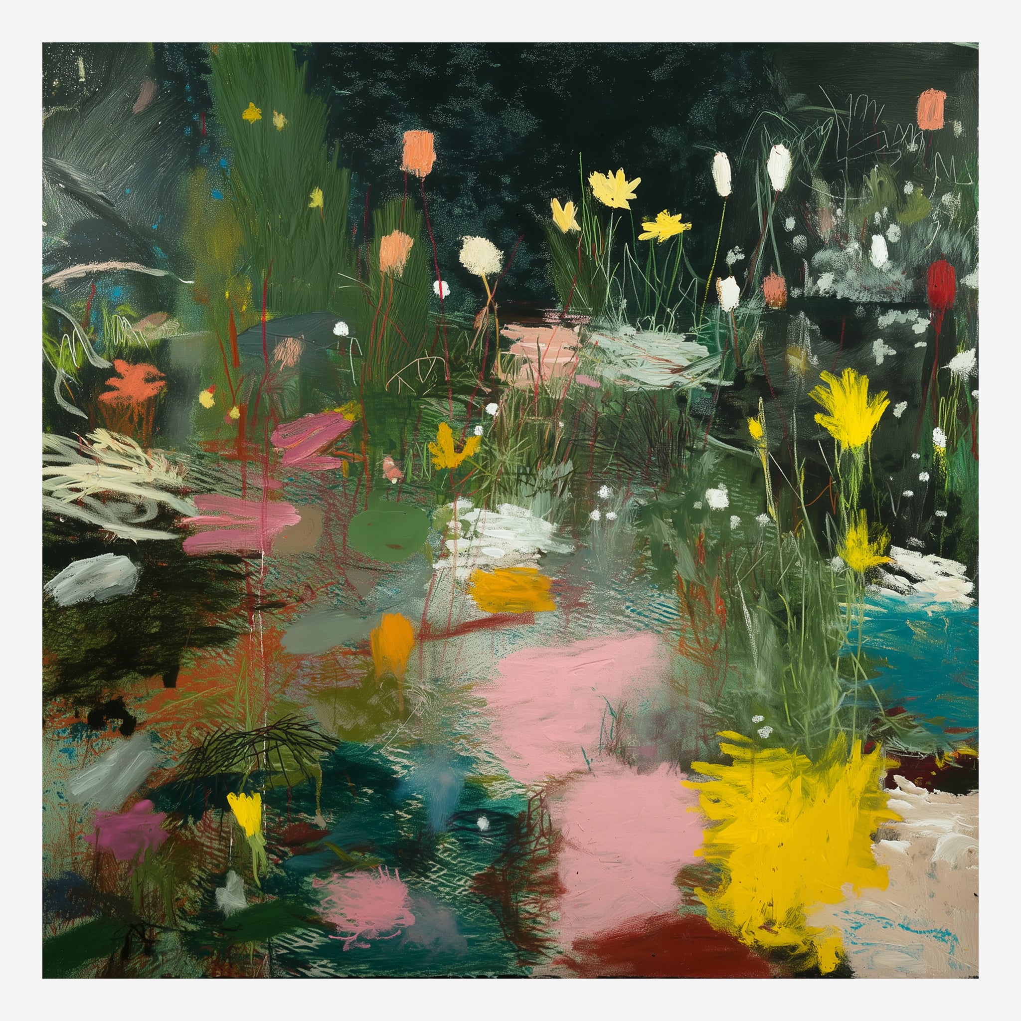 Original wildflower painting, yellow white and hot pink blooms across near black deep green Main image