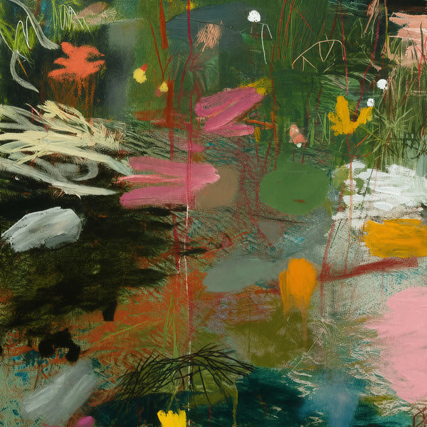Close detail of the brushwork and paint texture on Across the Meadows