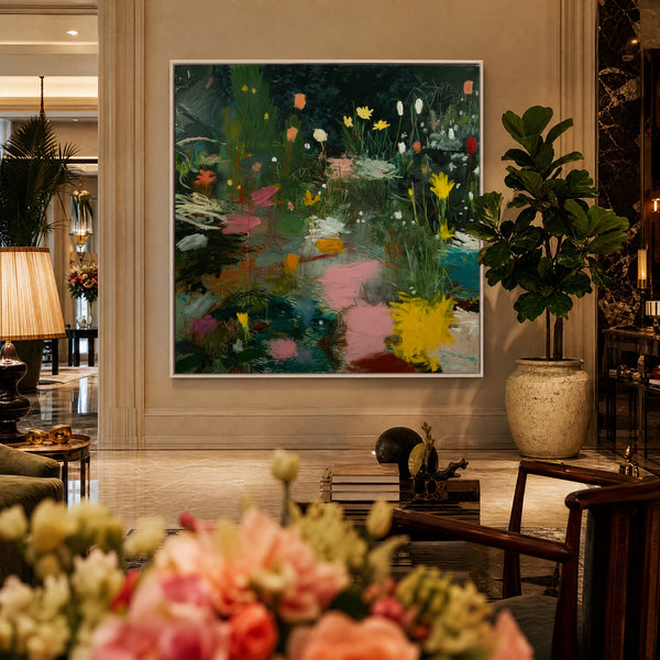 Large original wildflower painting filling a wall in a styled interior