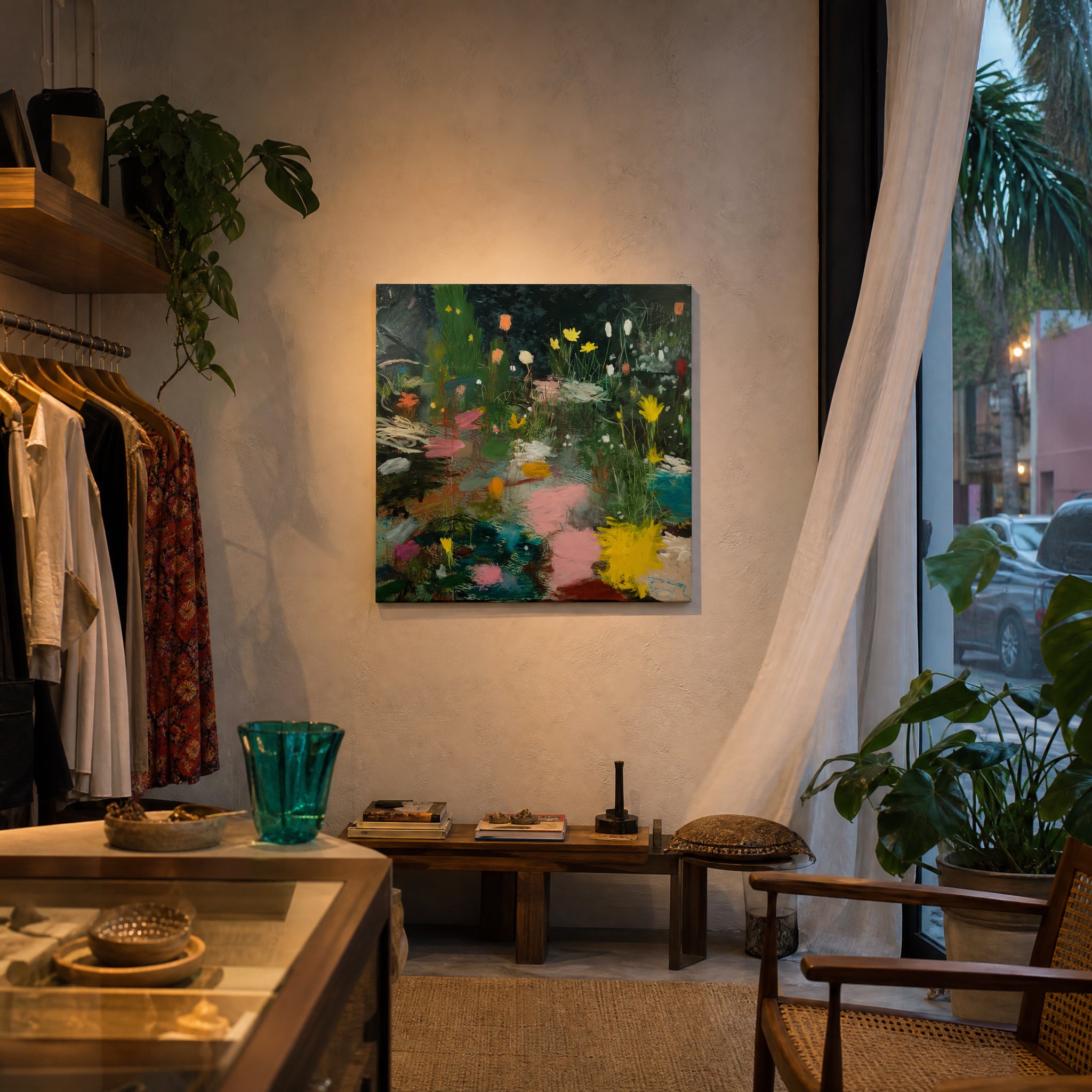 Small original wildflower painting hanging in a styled interior