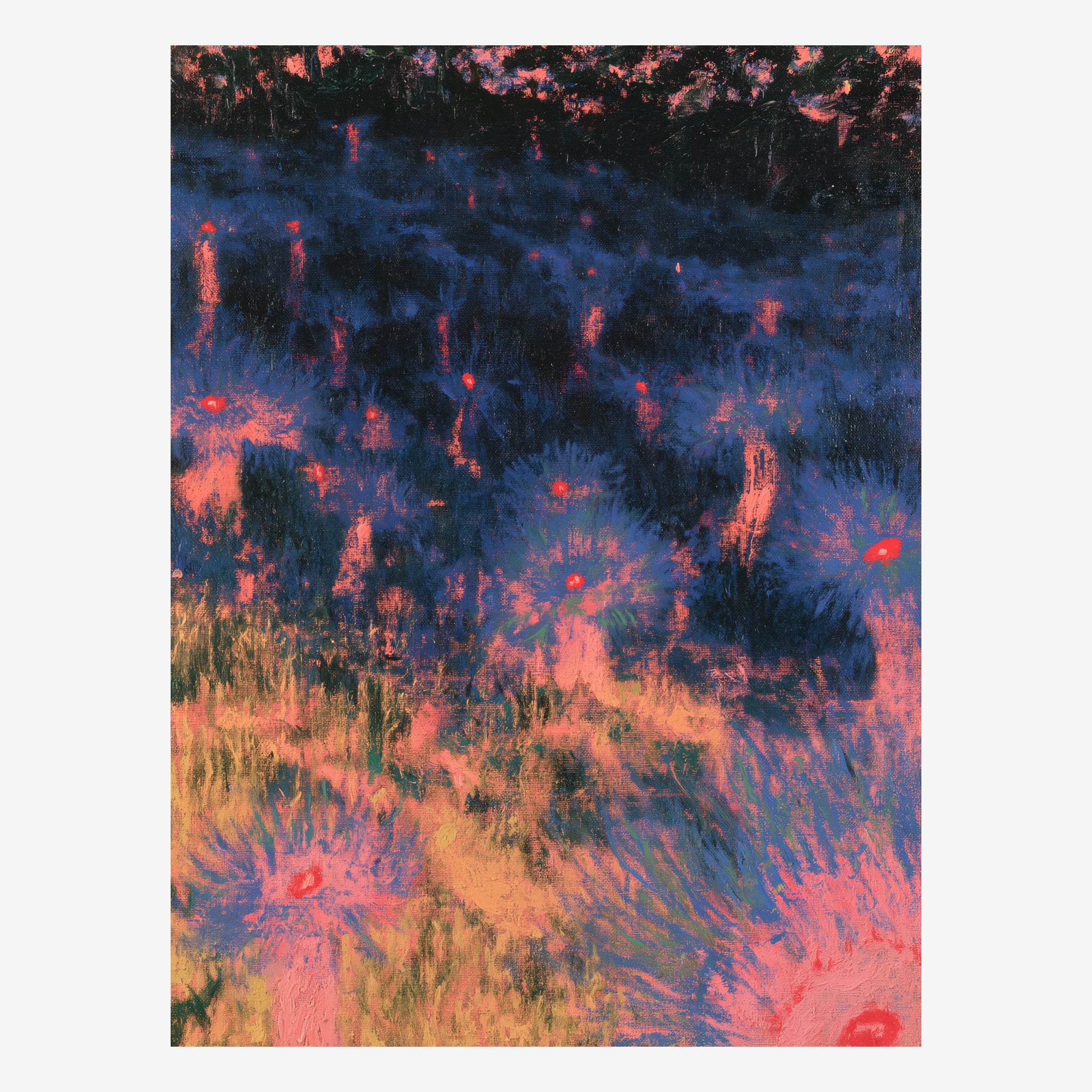 Original underwater painting, red anemones in seagrass under blue-black shallow water