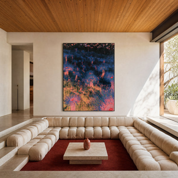 Large original underwater painting filling a wall in a styled interior