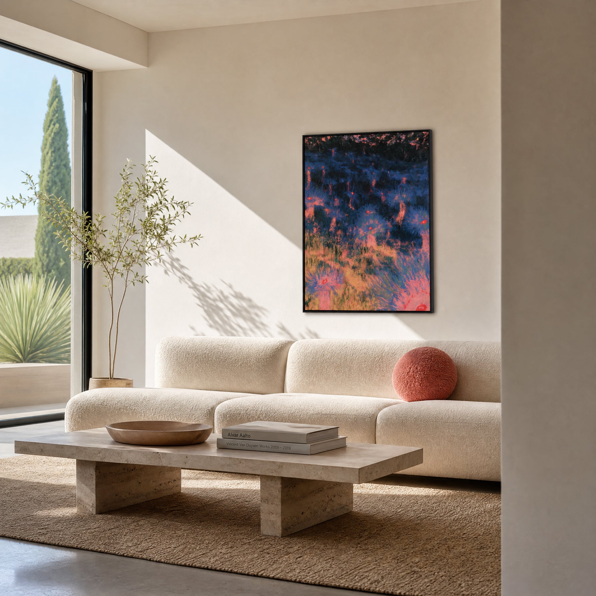 Small original underwater painting hanging in a styled interior