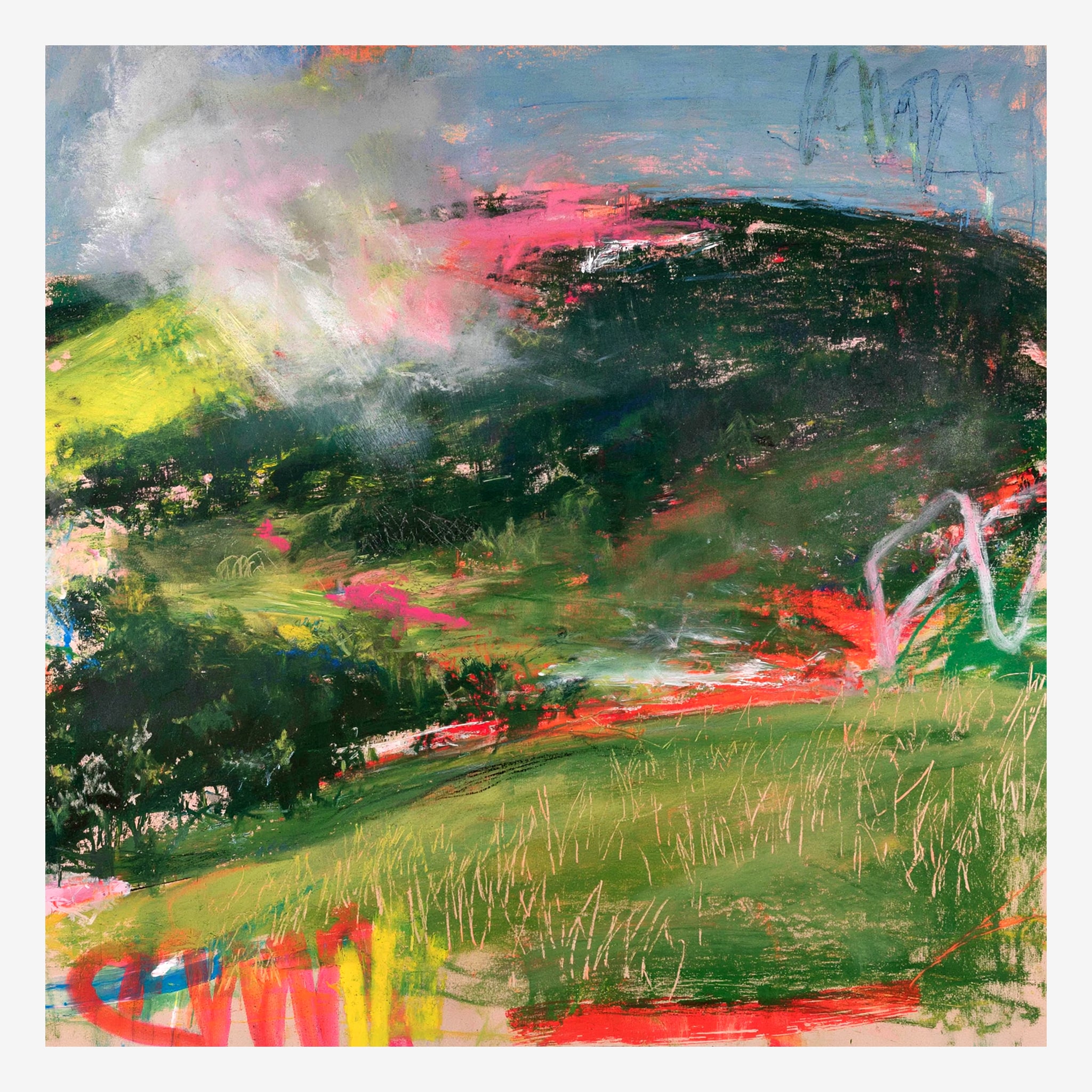 Original expressionist landscape painting, dark green hills with acid green slope and red valley Main image