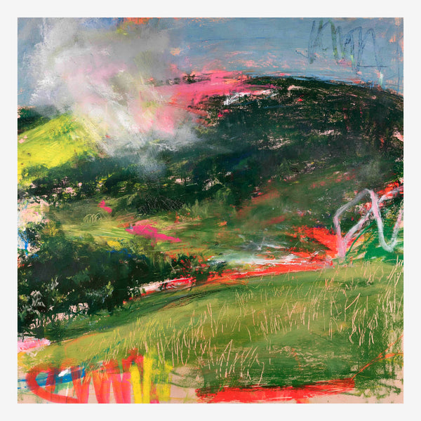Original expressionist landscape painting, dark green hills with acid green slope and red valley