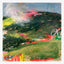 Original expressionist landscape painting, dark green hills with acid green slope and red valley