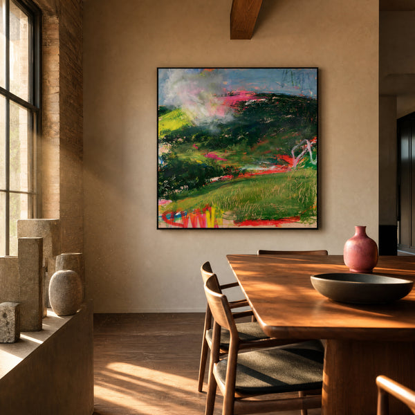 Medium original expressionist landscape painting on the wall of a styled room