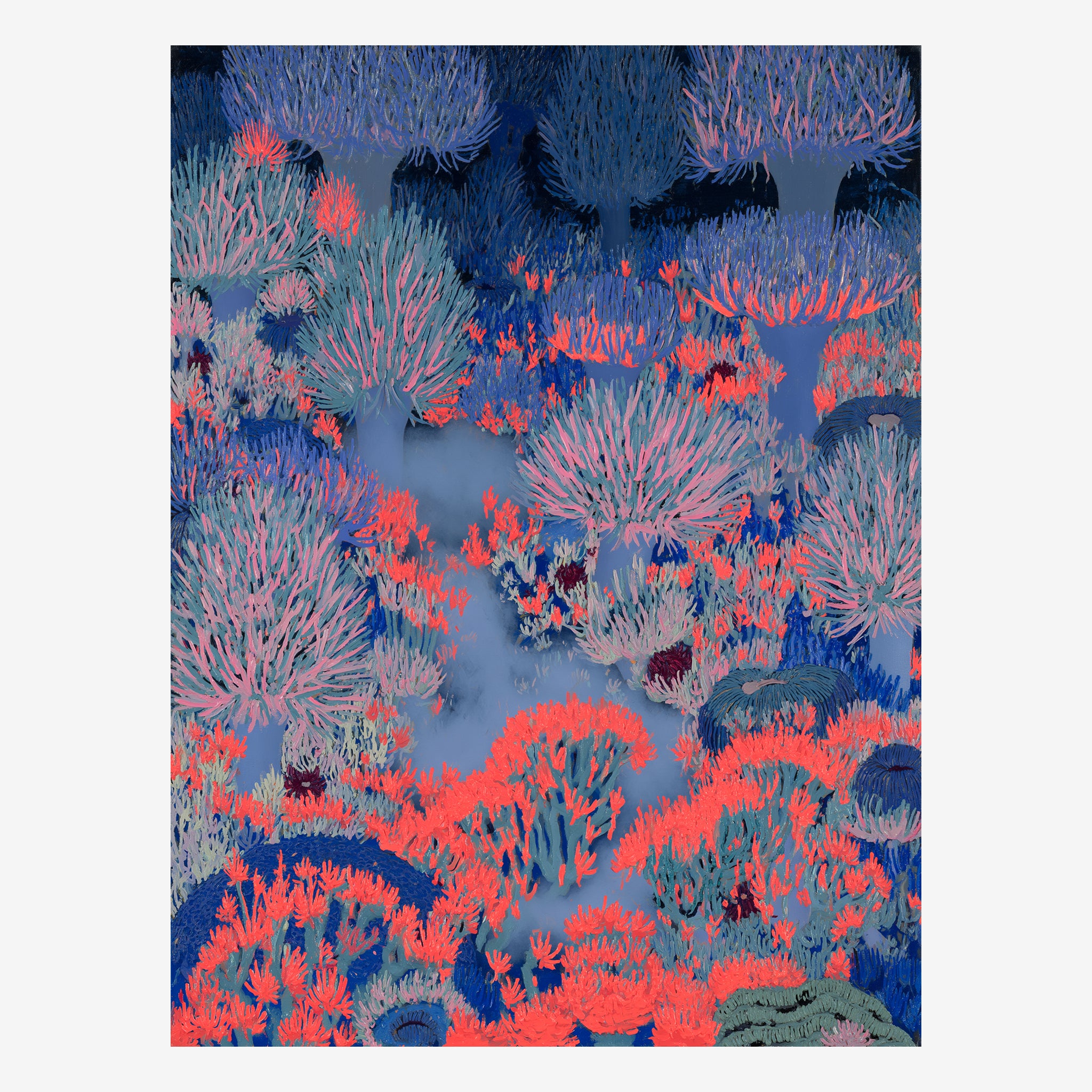 Original coral reef painting, neon soft corals stacked branch on branch in deep blue water Main image