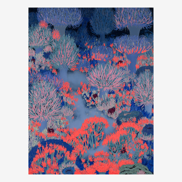 Original coral reef painting, neon soft corals stacked branch on branch in deep blue water