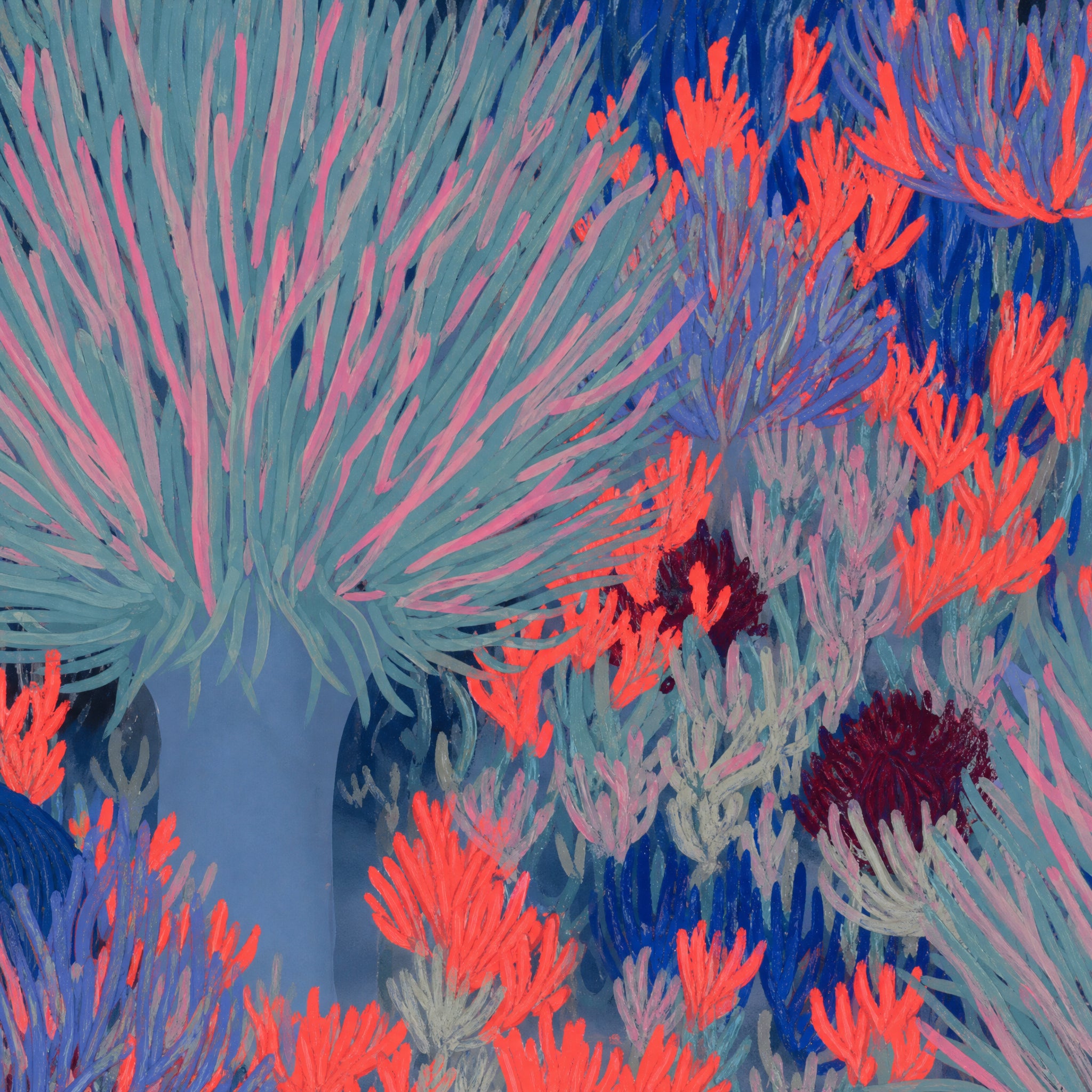 Close detail of the brushwork and paint texture on Aquatic fluro forest