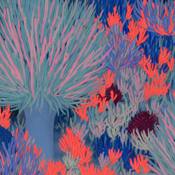 Close detail of the brushwork and paint texture on Aquatic fluro forest