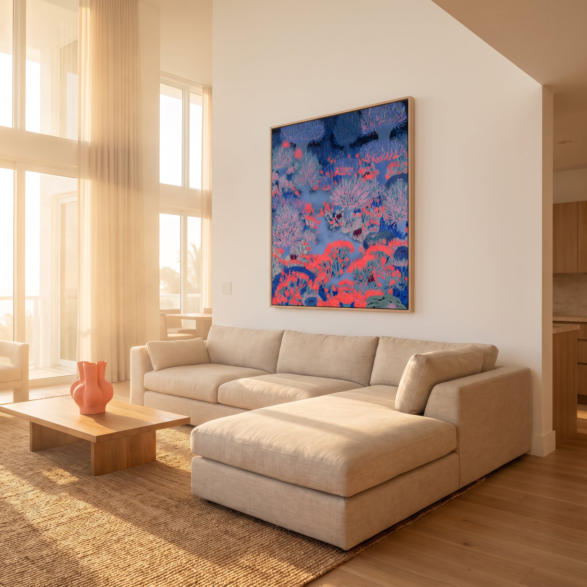 Medium original coral forest painting on the wall of a styled room
