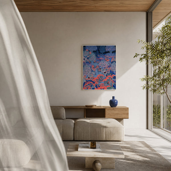 Small original coral forest painting hanging in a styled interior