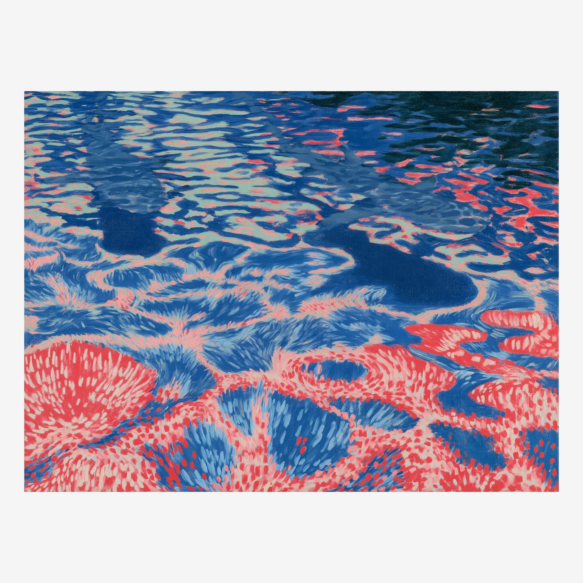 Original abstract water painting, coral pink and mint breaking across a deep blue surface