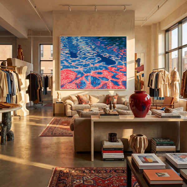 Large original abstract water painting filling a wall in a styled interior