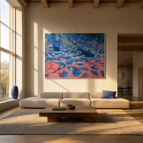 Medium original abstract water painting on the wall of a styled room