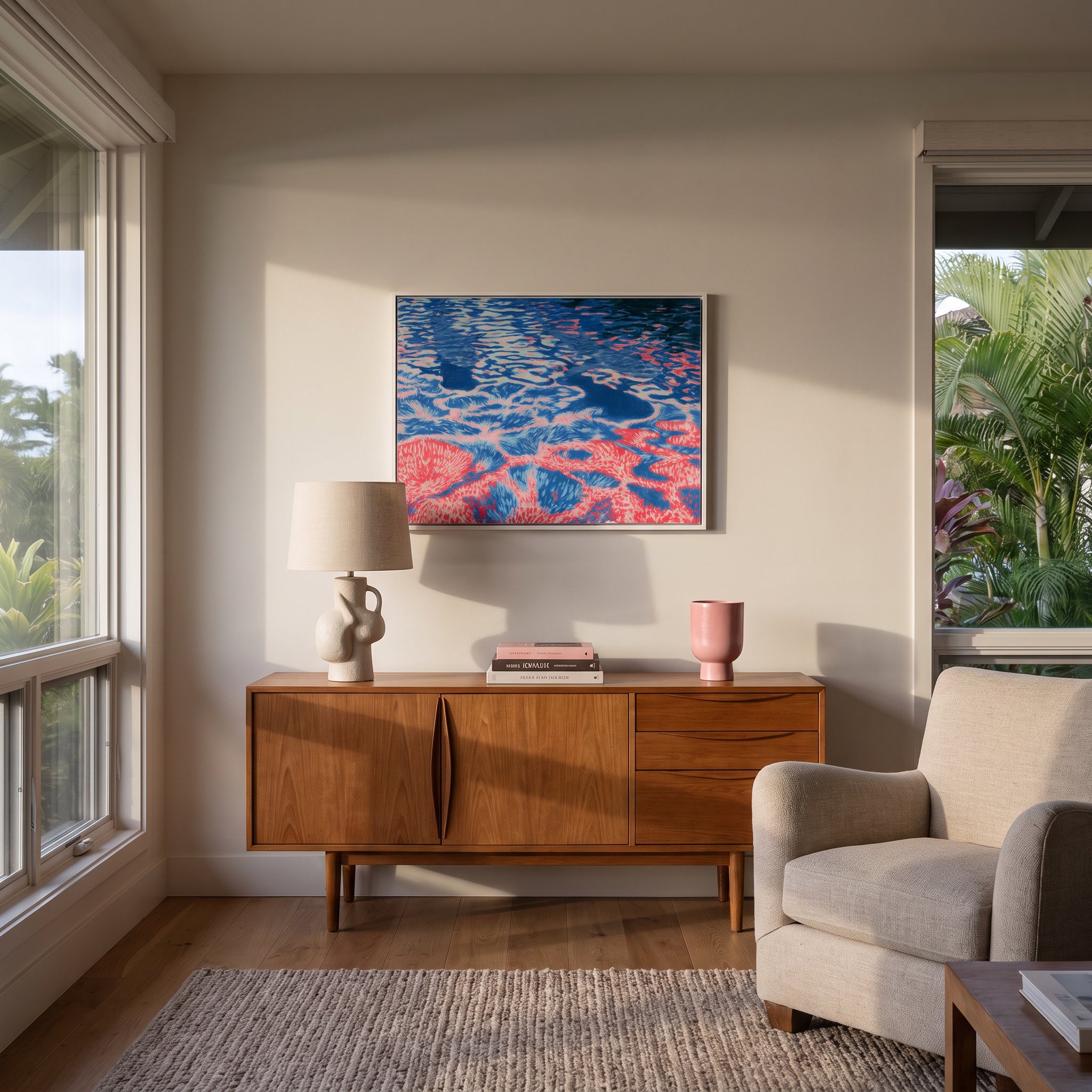 Small original abstract water painting hanging in a styled interior