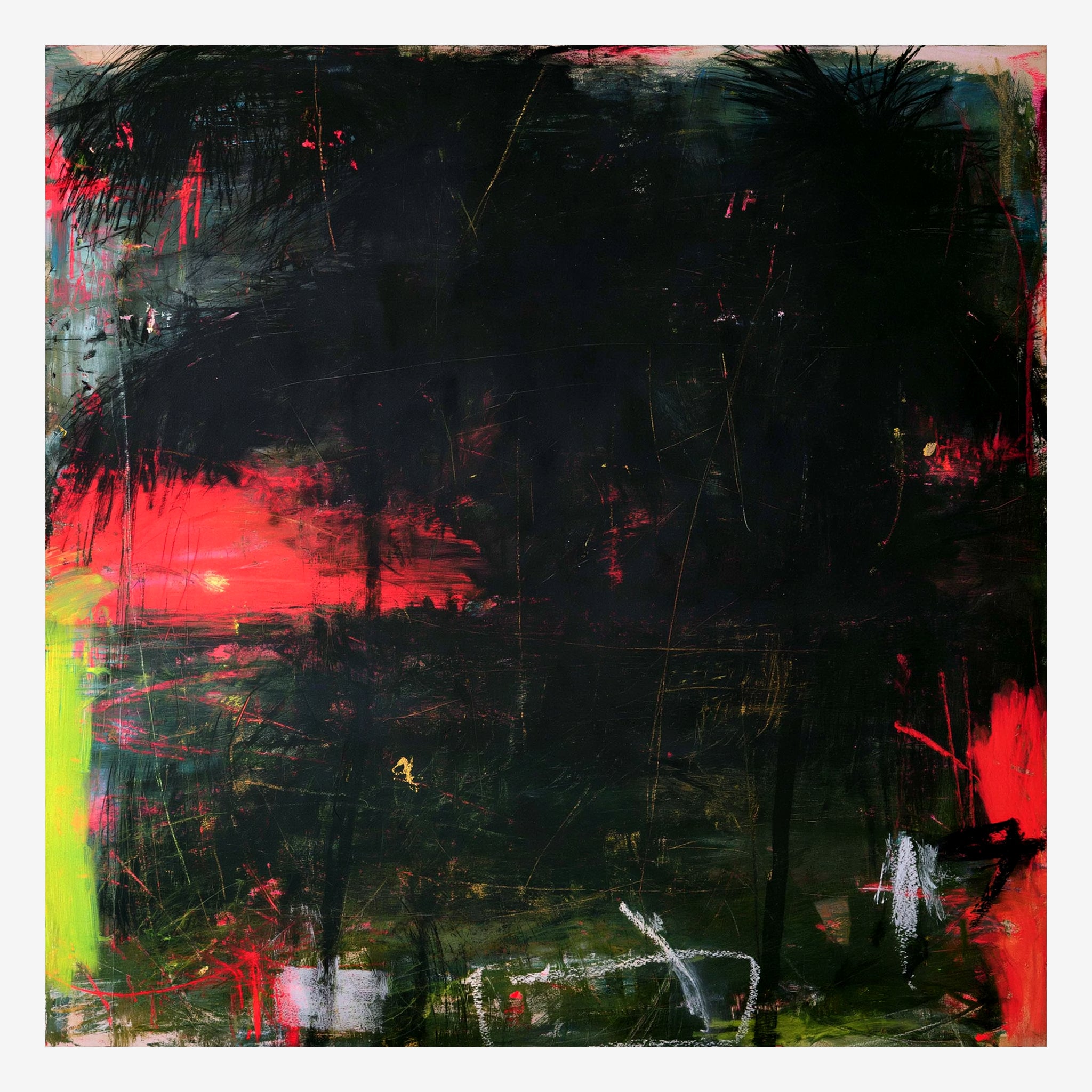 Original abstract landscape painting, red horizon tearing through dense black with gold scratches Main image