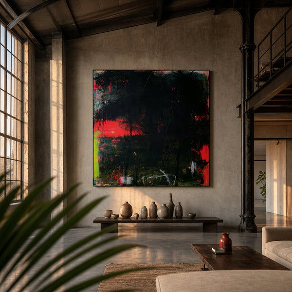 Large original abstract landscape painting filling a wall in a styled interior