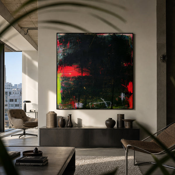 Medium original abstract landscape painting on the wall of a styled room