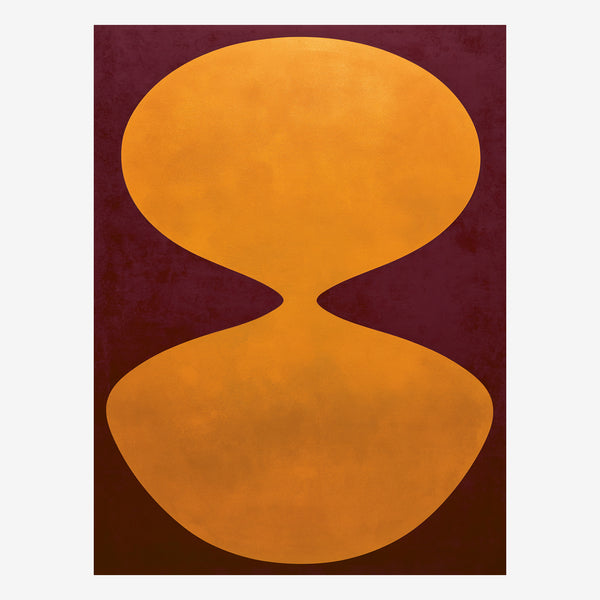 Original minimal abstract painting, two amber hourglass lobes in a deep oxblood dark ground