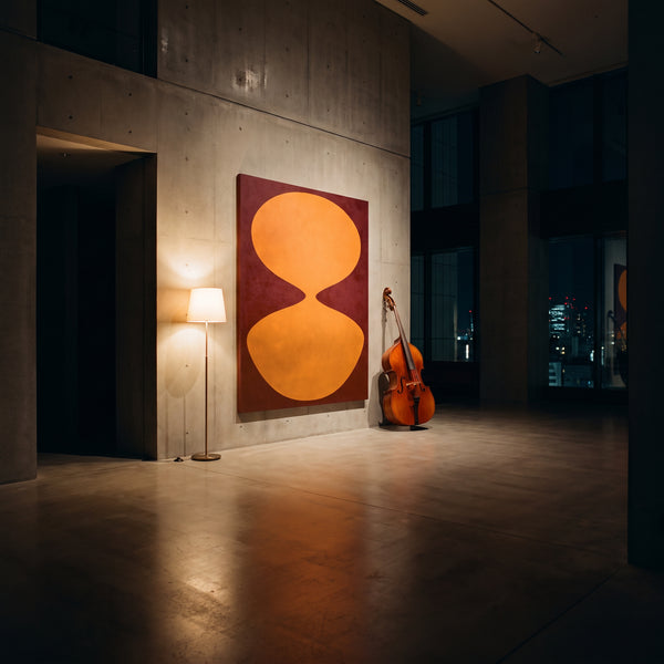 Large original minimal abstract painting filling a wall in a styled interior
