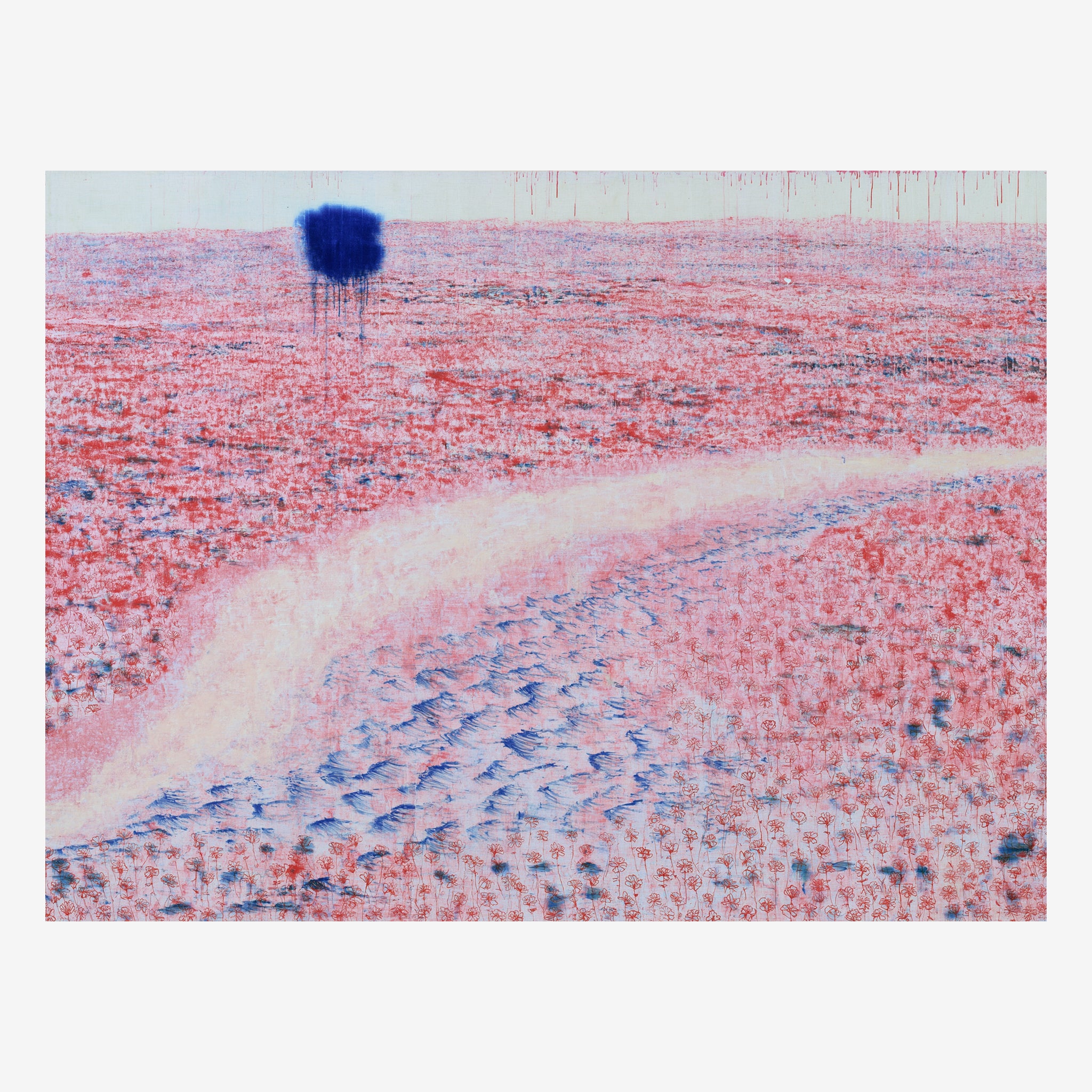 Original poppy field painting, red field to the horizon with a pale track and a dark blue blot Main image