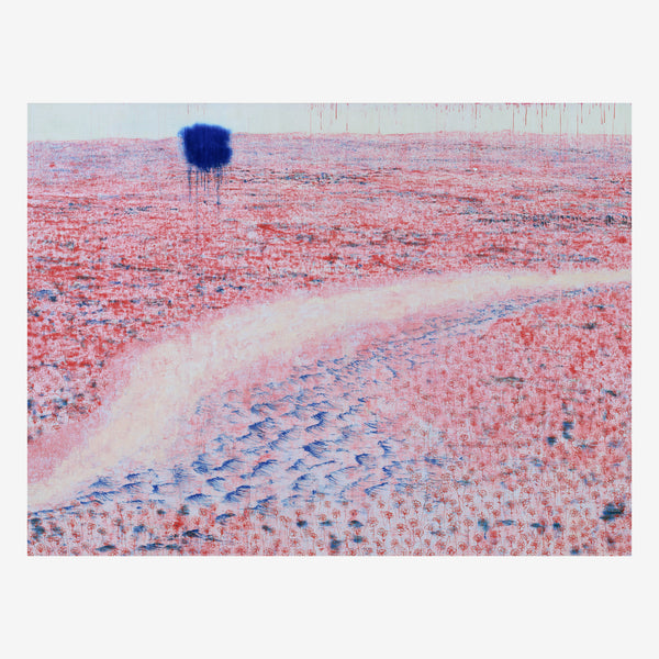 Original poppy field painting, red field to the horizon with a pale track and a dark blue blot