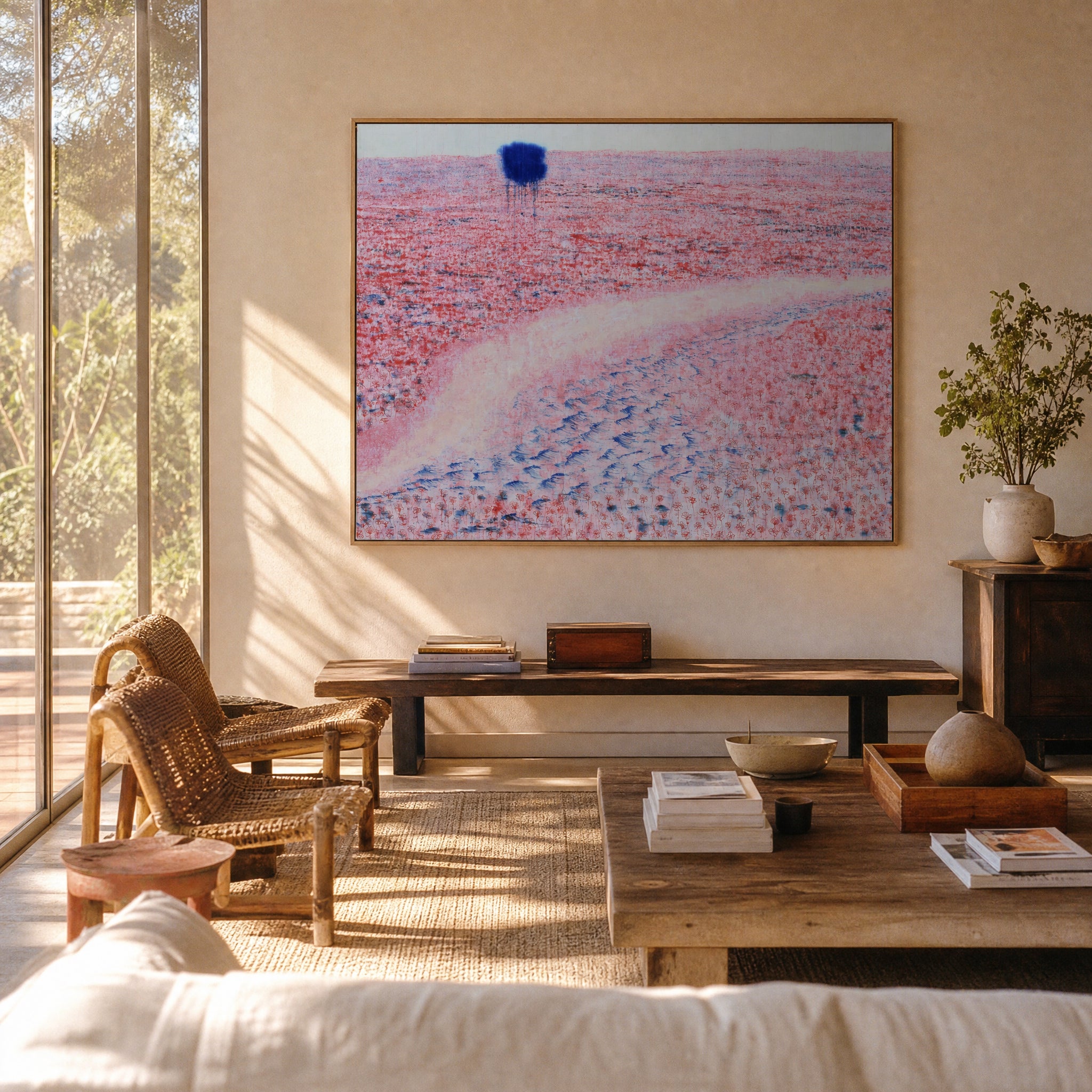 Medium original poppy field painting on the wall of a styled room