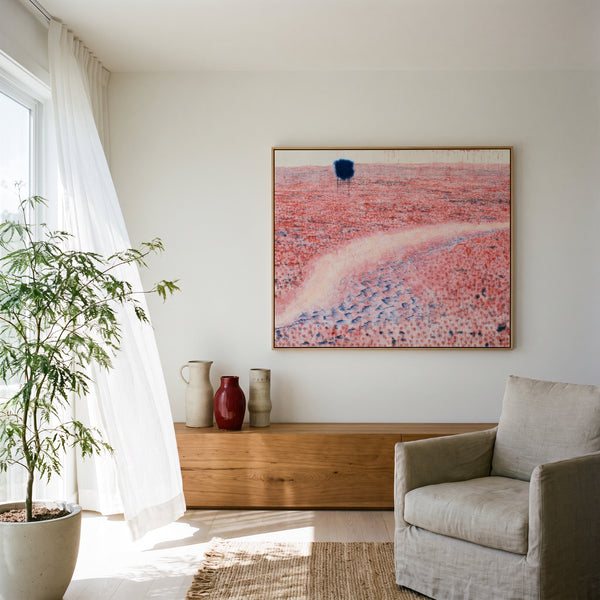 Small original poppy field painting hanging in a styled interior
