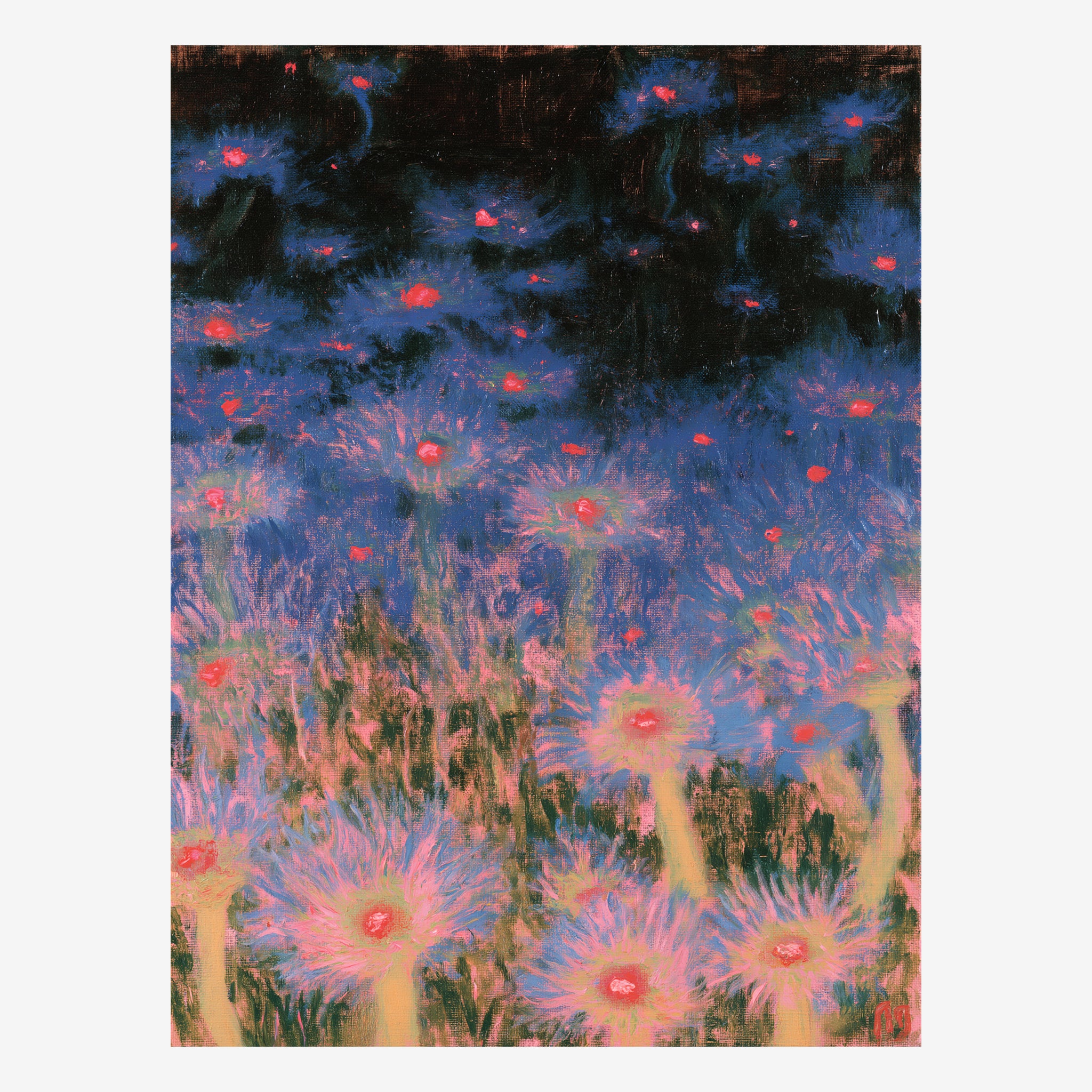 Original floral nocturne painting, pink blooms with scarlet centres against deep blue night