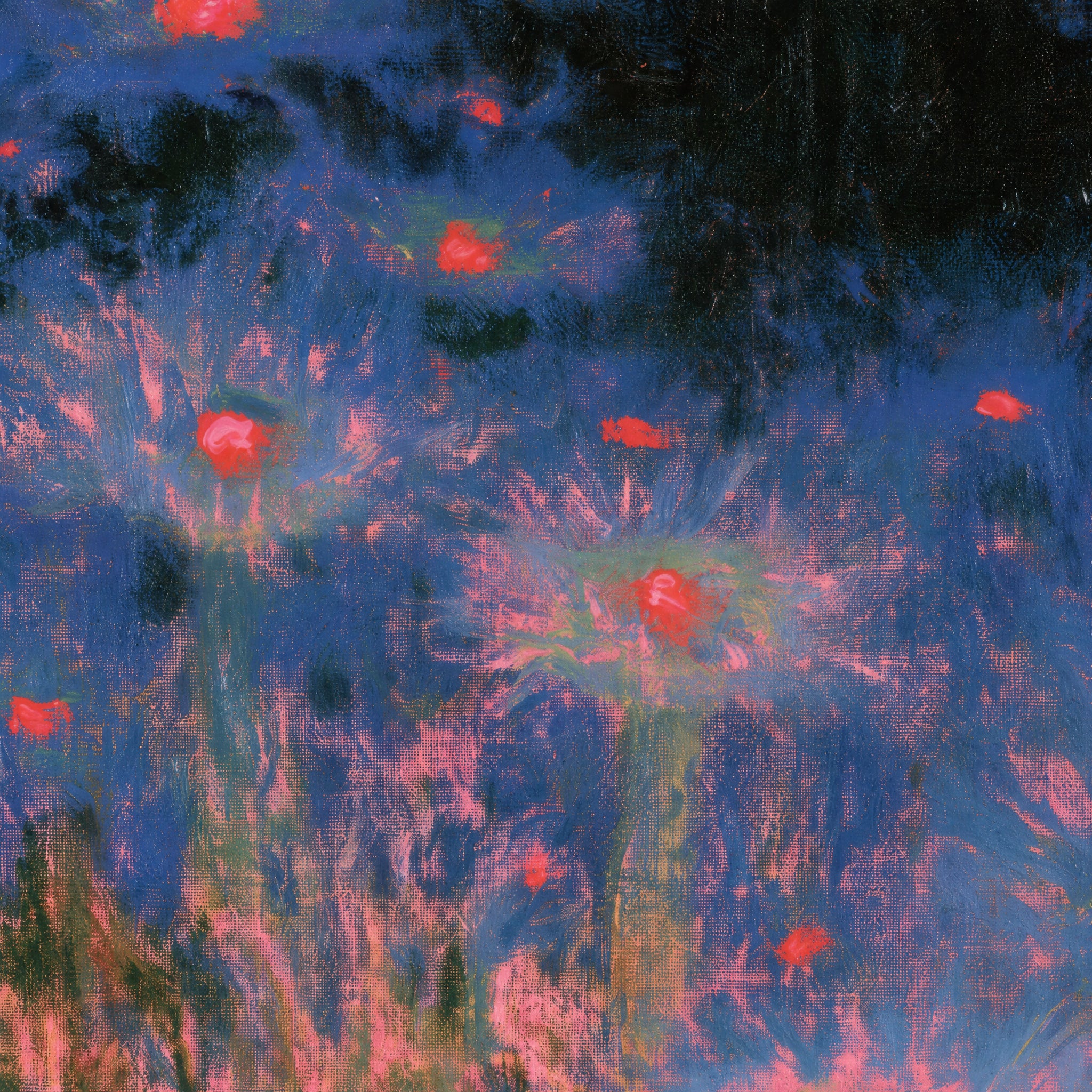 Close detail of the brushwork and paint texture on Electric night garden