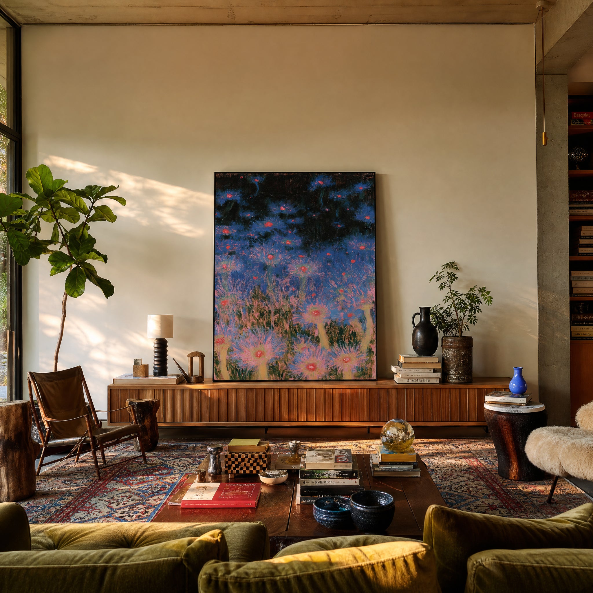Medium original floral nocturne painting on the wall of a styled room