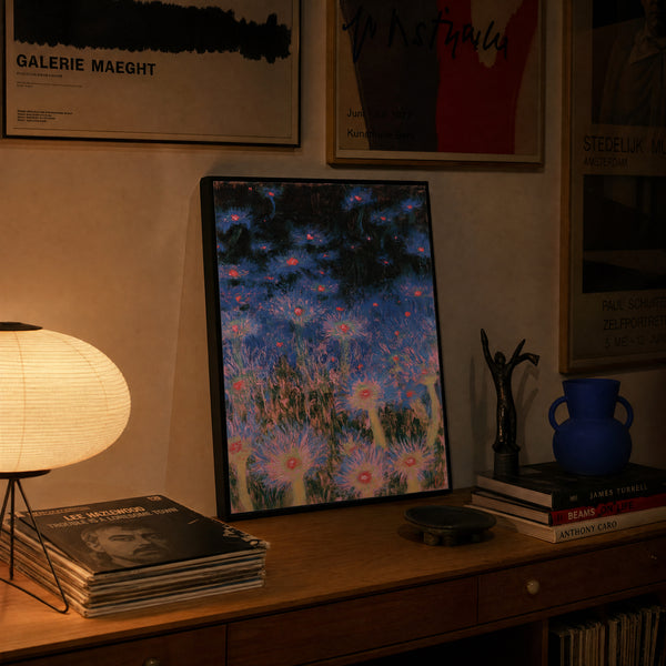Small original floral nocturne painting hanging in a styled interior