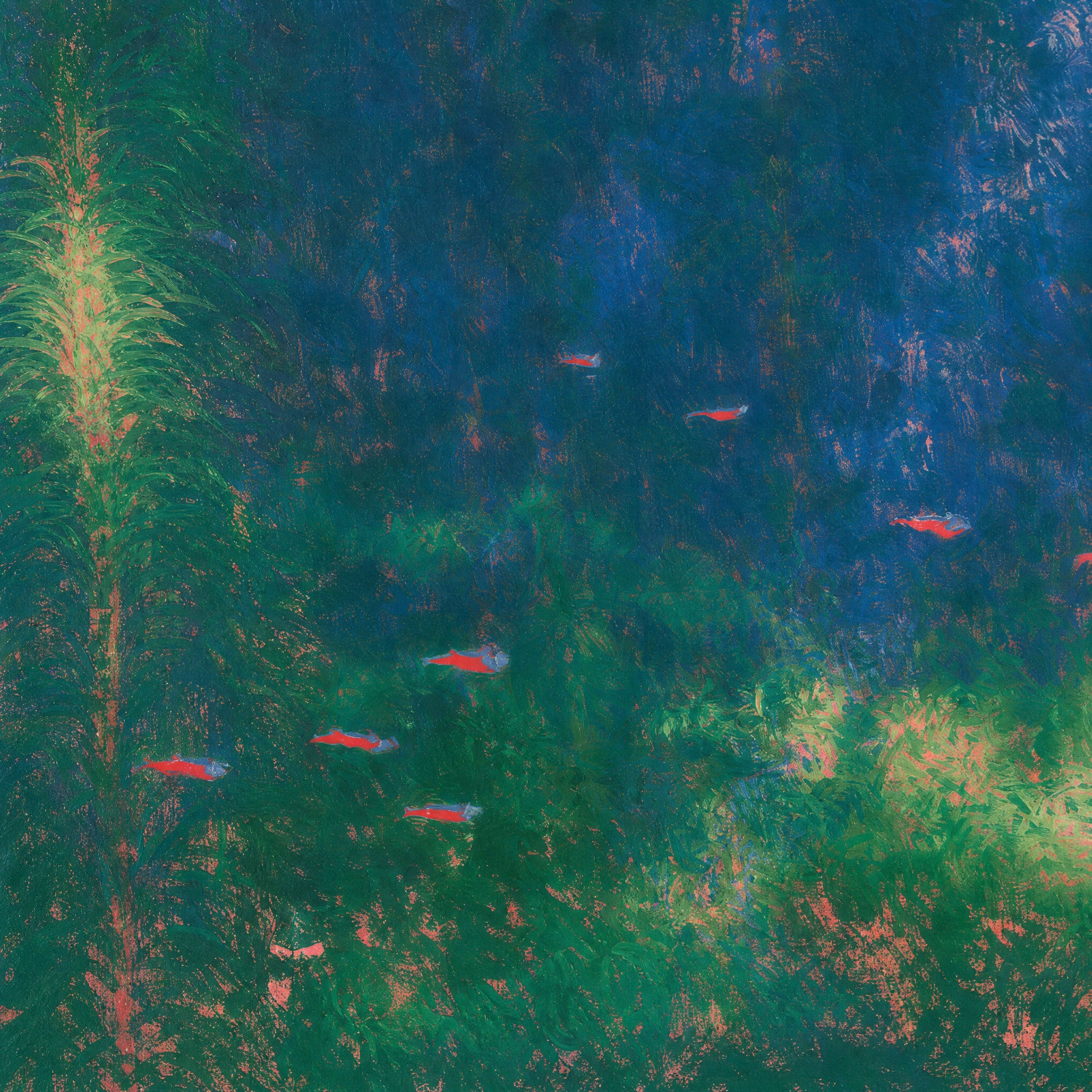 Close detail of the brushwork and paint texture on Exquisite Shelters