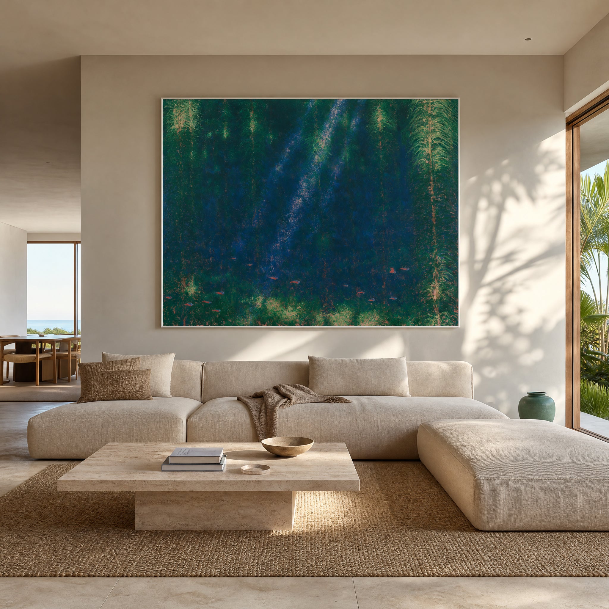 Large original underwater painting filling a wall in a styled interior