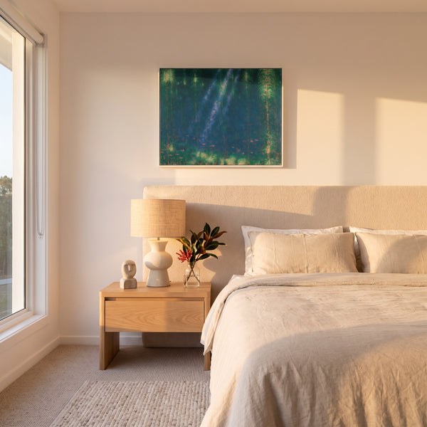 Small original underwater painting hanging in a styled interior