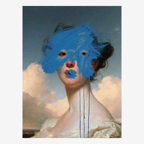 Original portrait painting, blue paint dragged across a classical face against a soft sky