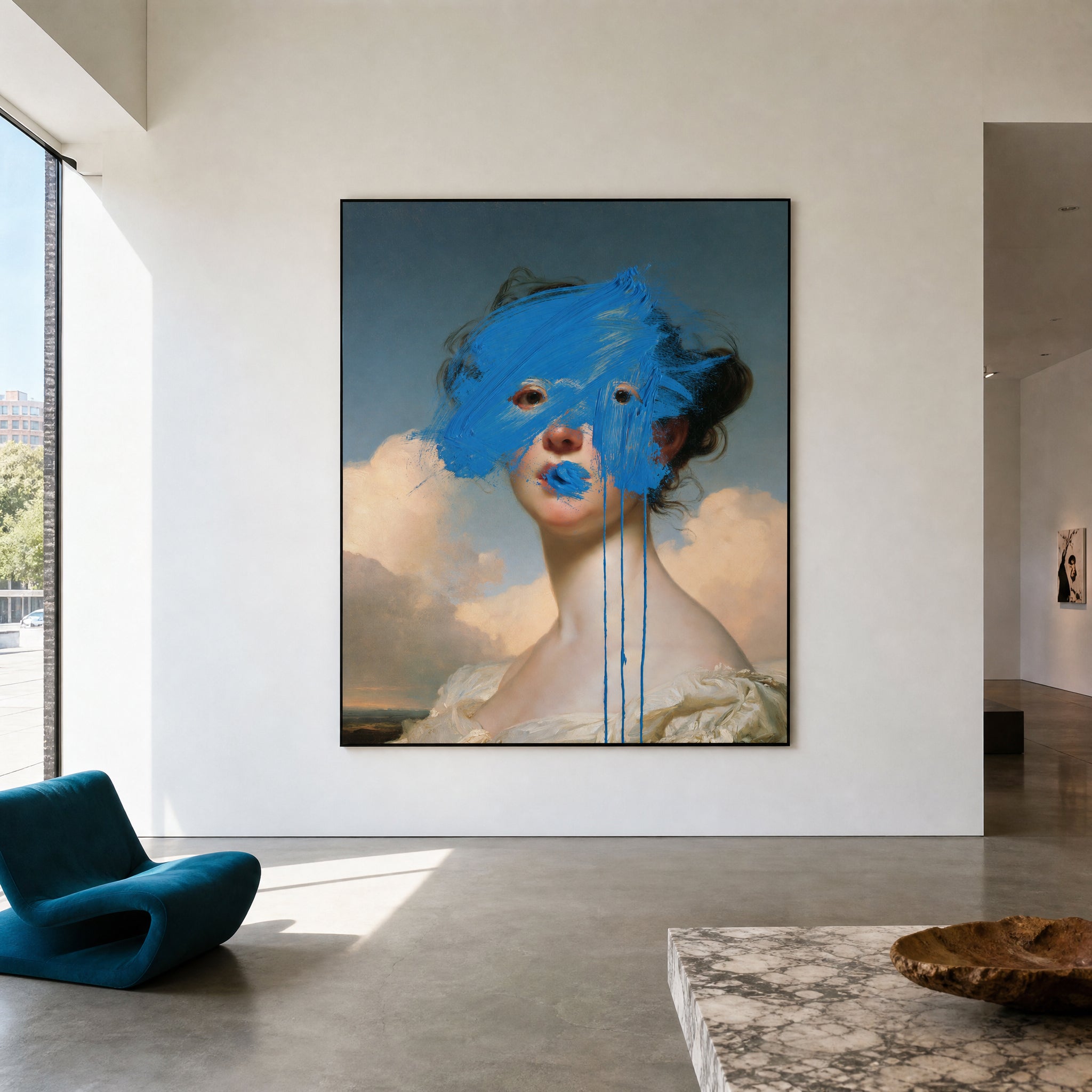 Large original portrait painting filling a wall in a styled interior