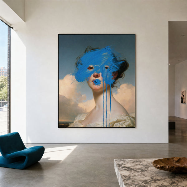 Large original portrait painting filling a wall in a styled interior