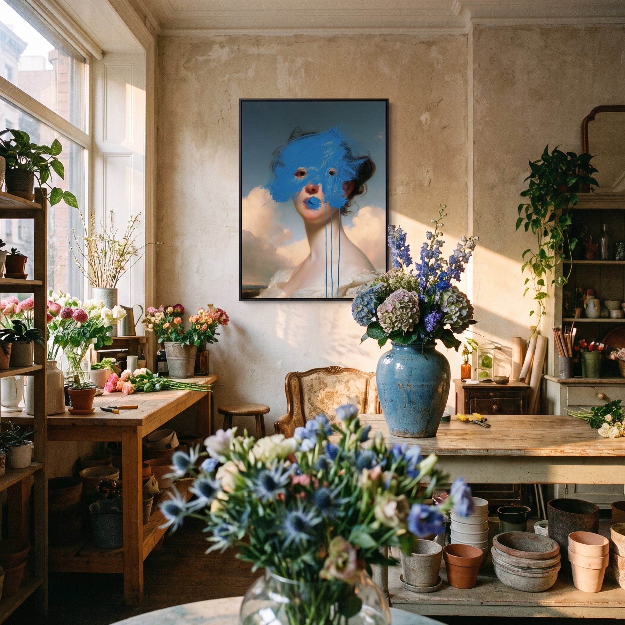 Small original portrait painting hanging in a styled interior