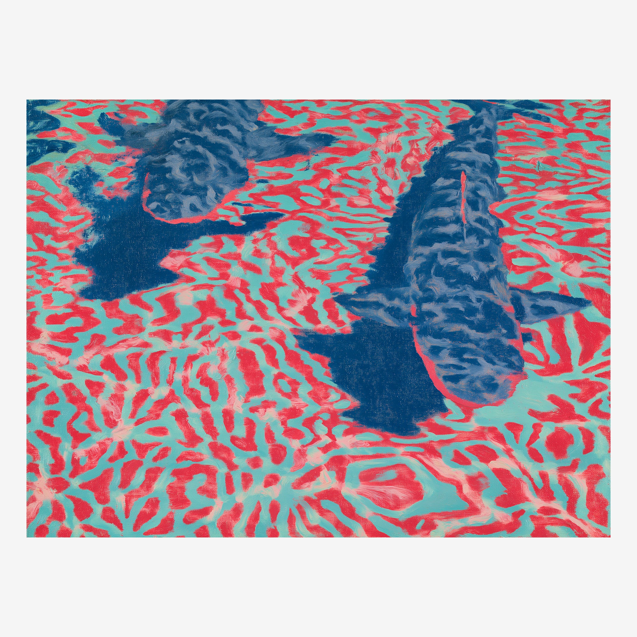 Original aerial tropical painting, red coral through turquoise water with two dark islands