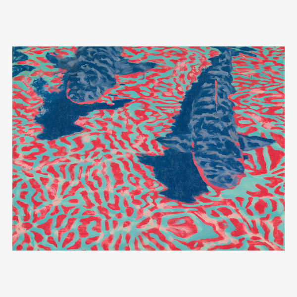 Original aerial tropical painting, red coral through turquoise water with two dark islands