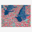 Original aerial tropical painting, red coral through turquoise water with two dark islands