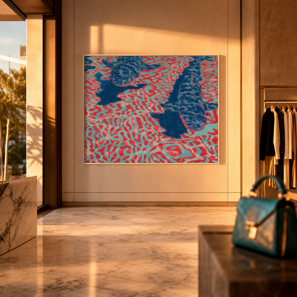 Large original aerial tropical painting filling a wall in a styled interior