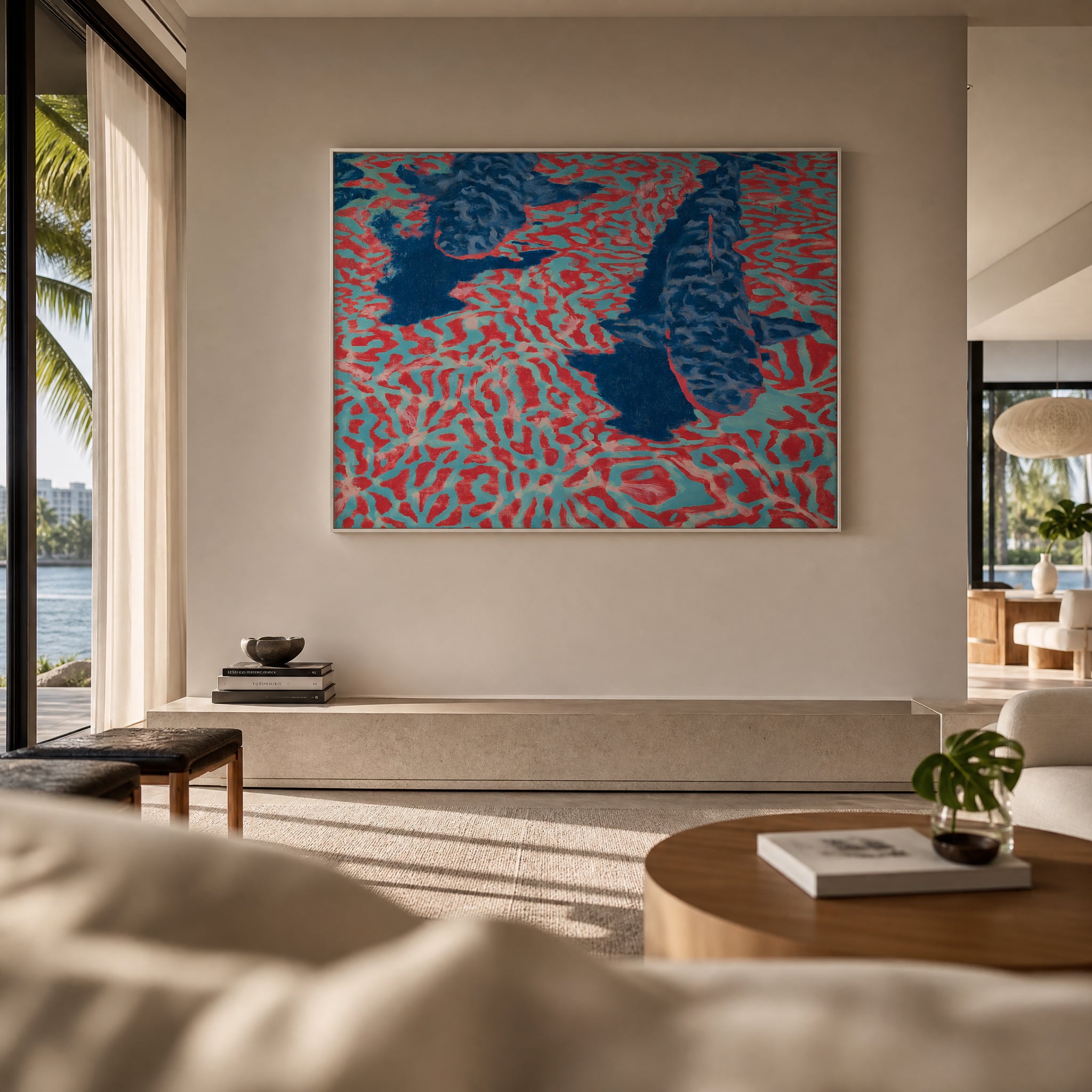 Medium original aerial tropical painting on the wall of a styled room