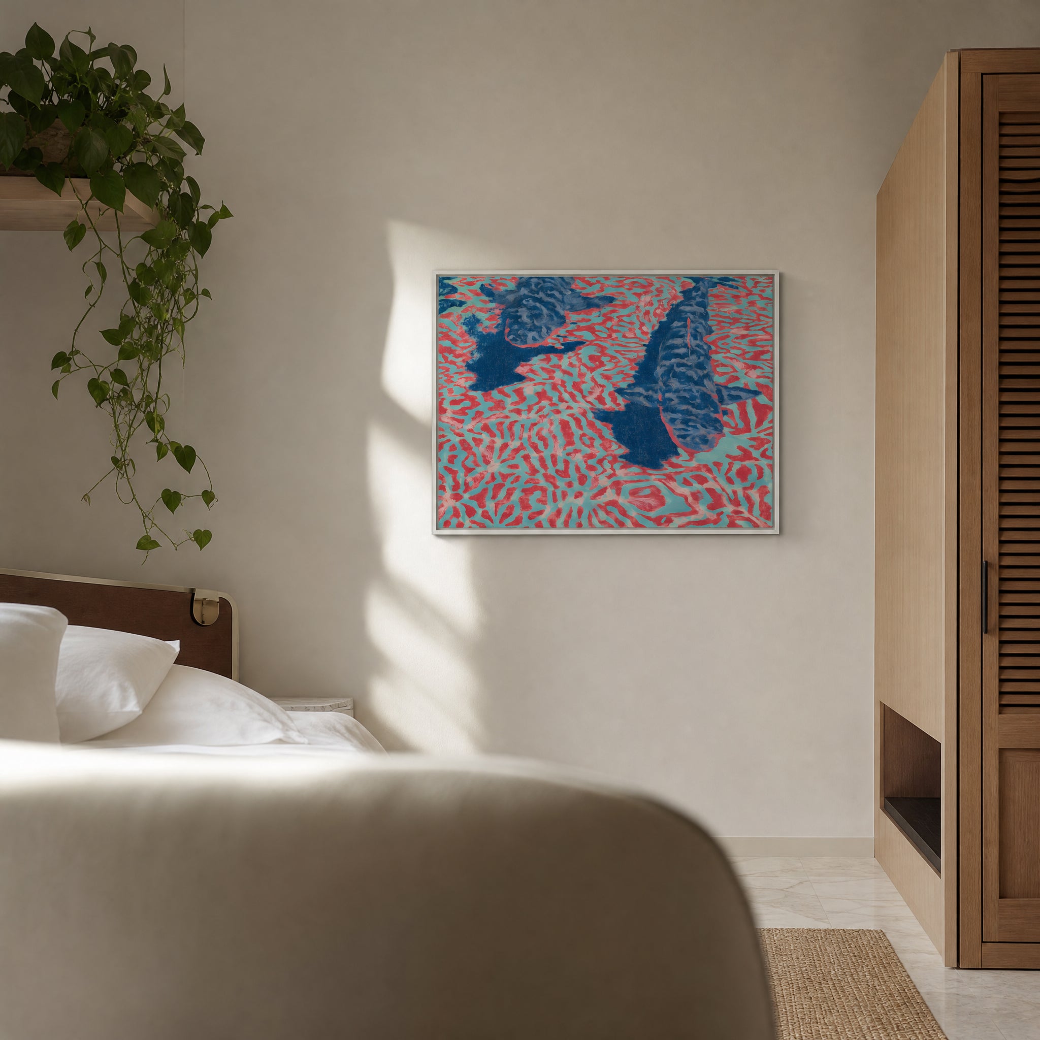 Small original aerial tropical painting hanging in a styled interior