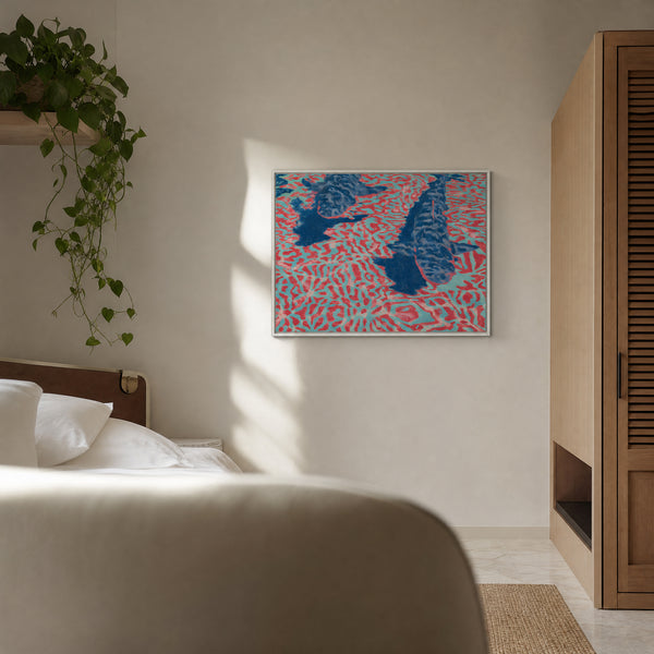 Small original aerial tropical painting hanging in a styled interior